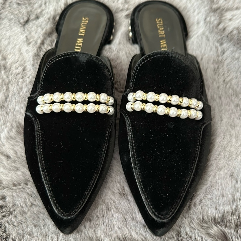 Stuart Weitzman Black Velvet pearl Mules size 6.5